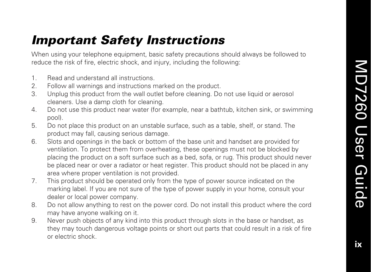 Important safety instructions, Md7260 user guide | Motorola MD7260 User Manual | Page 11 / 58