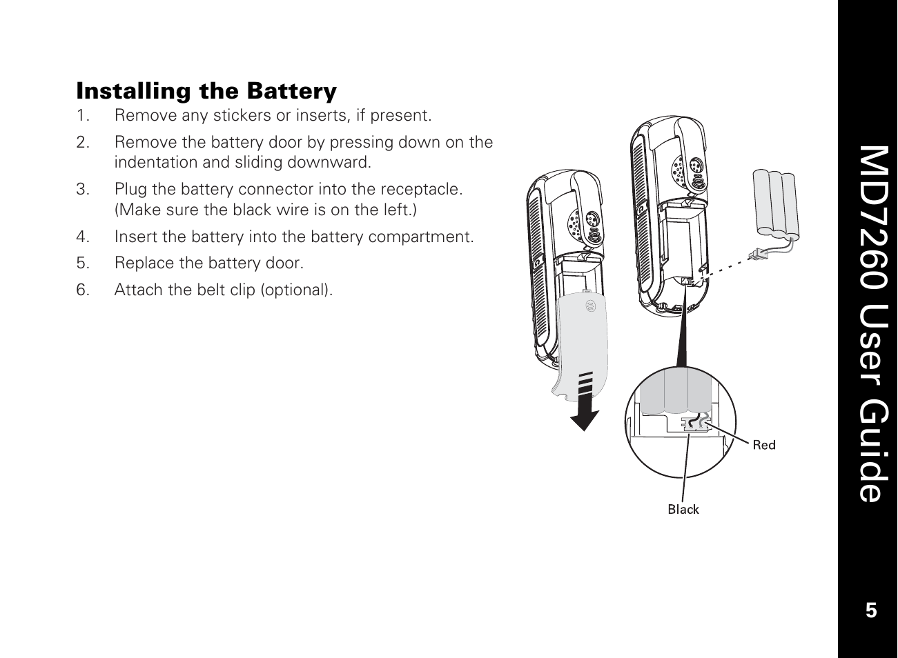 Installing the battery, Md7260 user guide | Motorola MD7260 User Manual | Page 17 / 58