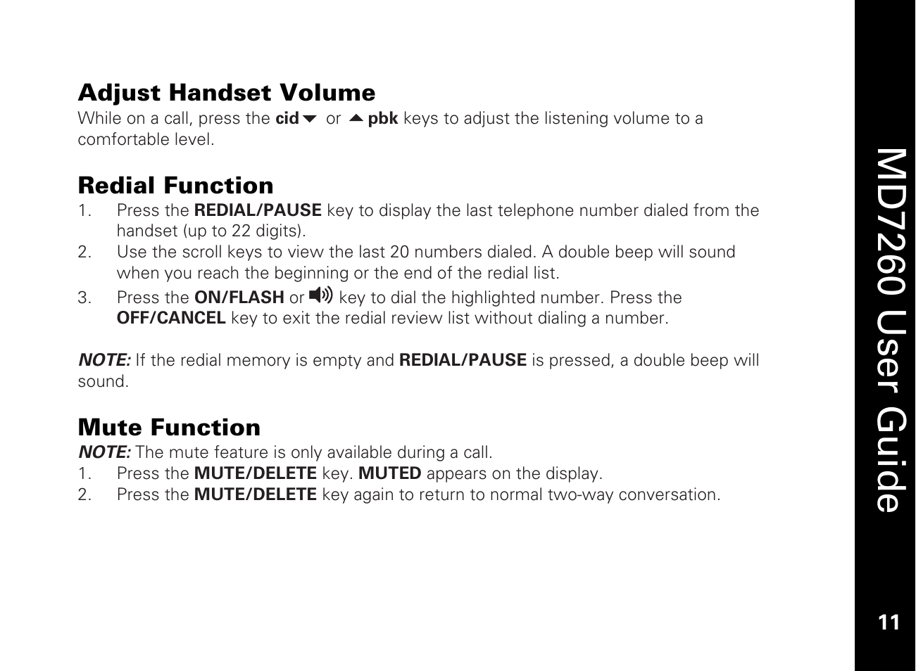 Adjust handset volume, Redial function, Mute function | Md7260 user guide | Motorola MD7260 User Manual | Page 23 / 58