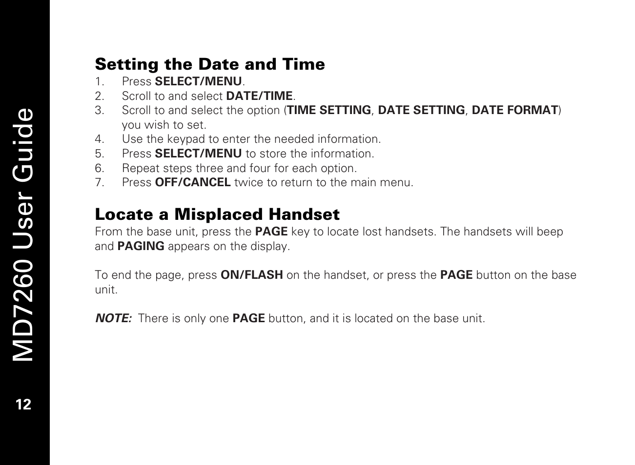 Setting the date and time, Locate a misplaced handset, Md7260 user guide | Motorola MD7260 User Manual | Page 24 / 58