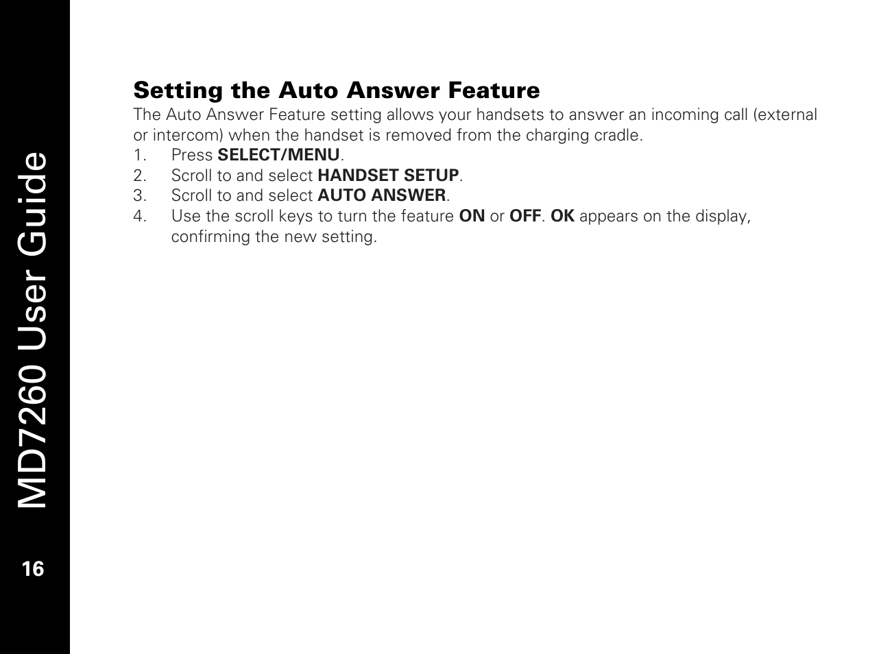 Setting the auto feature, Setting the auto answer feature, Md7260 user guide | Motorola MD7260 User Manual | Page 28 / 58