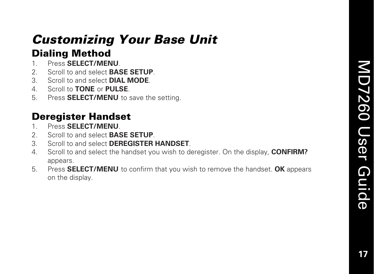 Customizing your base unit, Dialing method, Deregester handset | Deregister handset, Md7260 user guide | Motorola MD7260 User Manual | Page 29 / 58