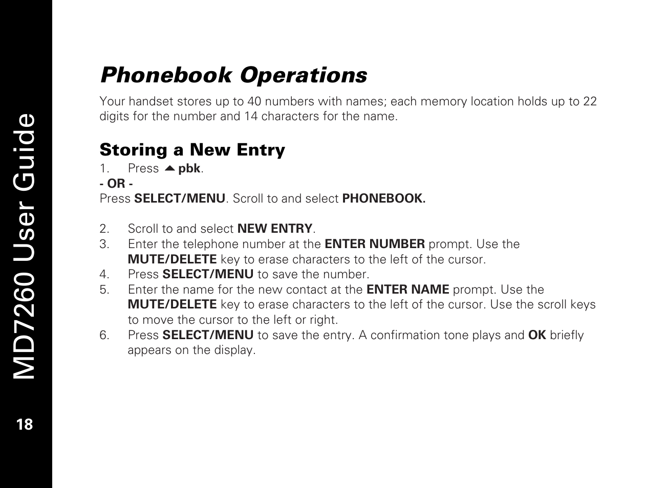 Phonebook operations, Storing a new entry, Md7260 user guide | Motorola MD7260 User Manual | Page 30 / 58