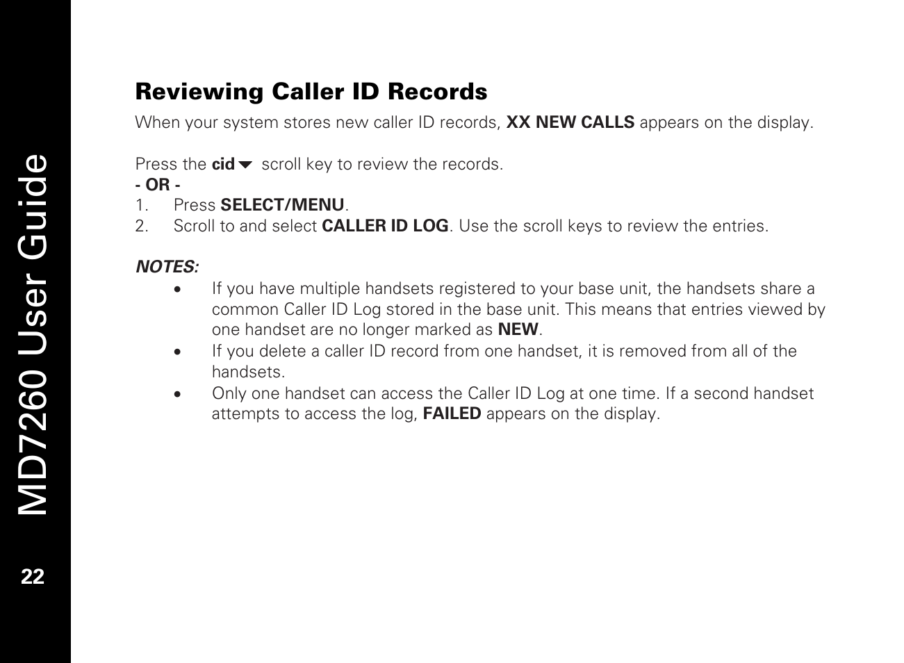 Reviewing caller id records, Md7260 user guide | Motorola MD7260 User Manual | Page 34 / 58