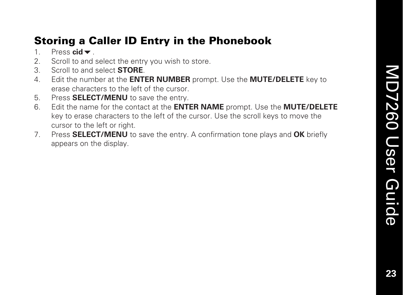 Storing a caller id entry in the phonebook, Md7260 user guide | Motorola MD7260 User Manual | Page 35 / 58