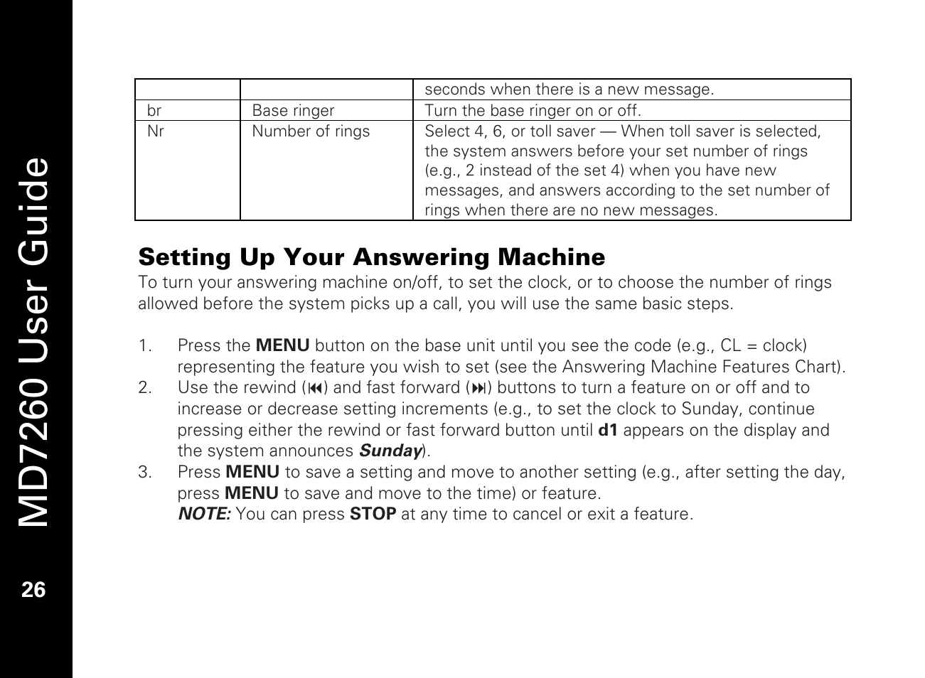Setting up your answering machine, Md7260 user guide | Motorola MD7260 User Manual | Page 38 / 58