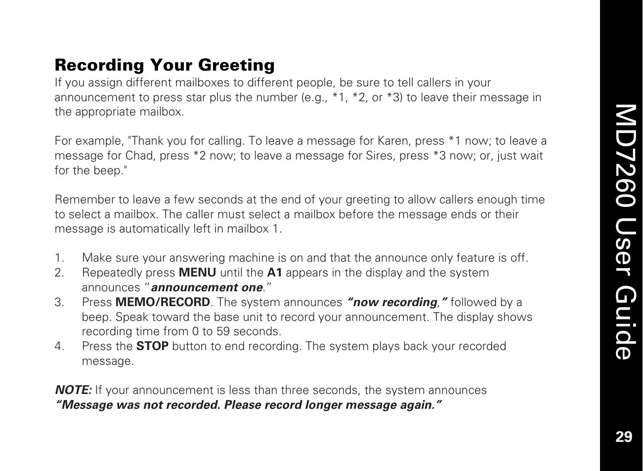 Recording your greeting, Md7260 user guide | Motorola MD7260 User Manual | Page 41 / 58