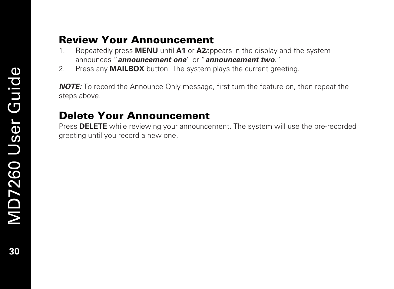 Review your announcement, Delete your announcement, Md7260 user guide | Motorola MD7260 User Manual | Page 42 / 58