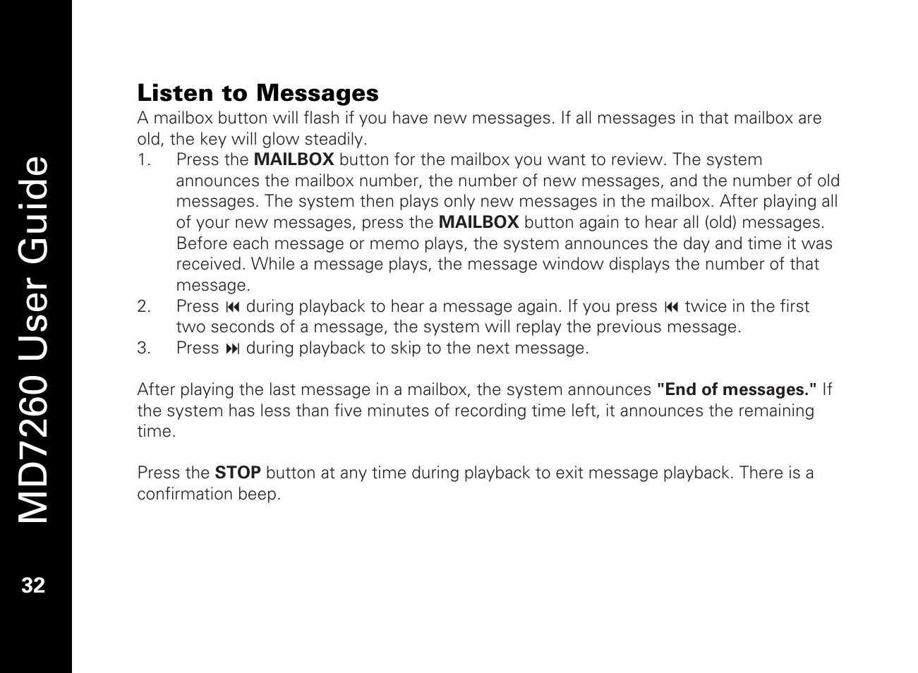 Listen to messages, Md7260 user guide | Motorola MD7260 User Manual | Page 44 / 58