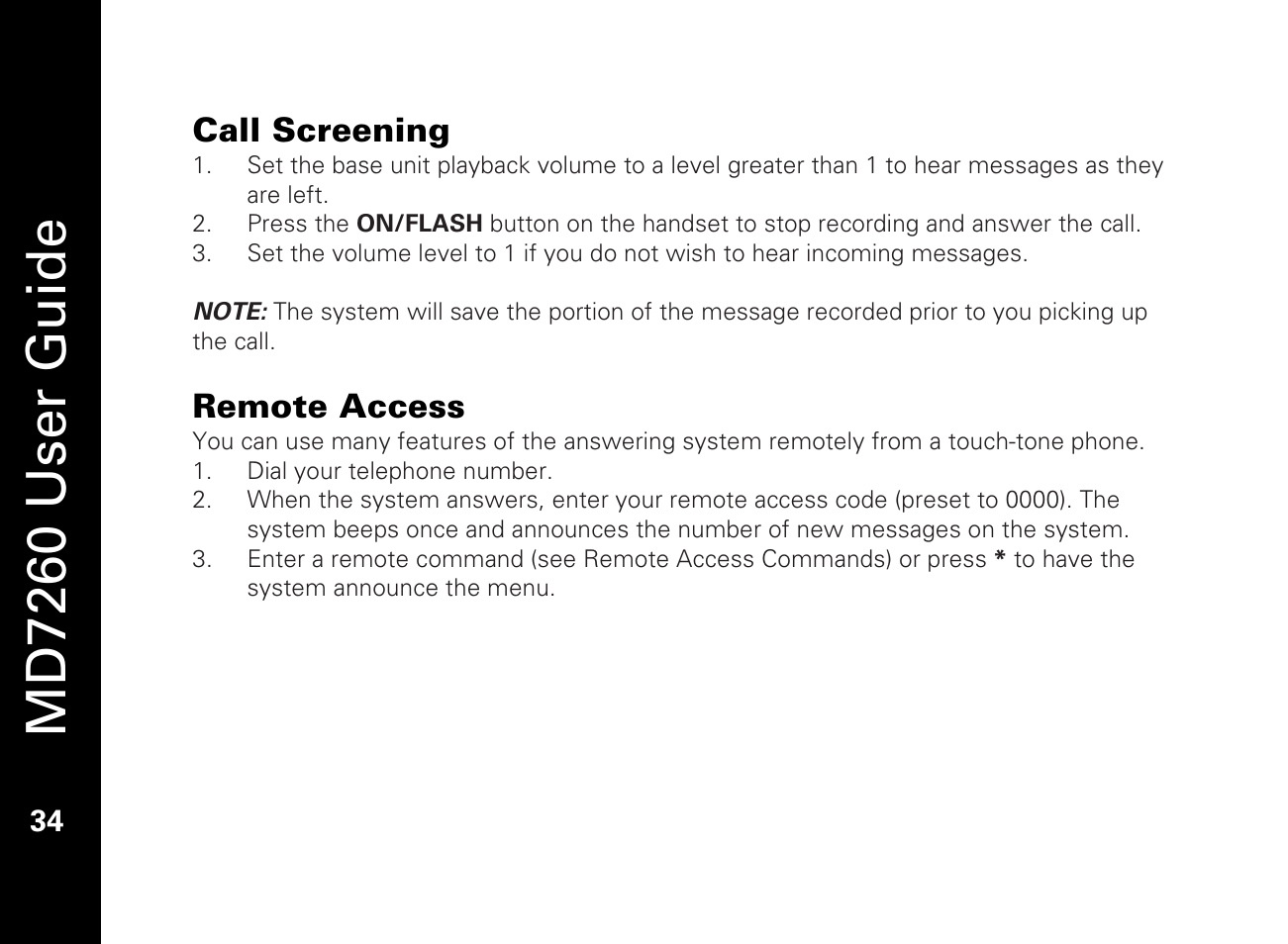 Call screening, Remote access, Md7260 user guide | Motorola MD7260 User Manual | Page 46 / 58