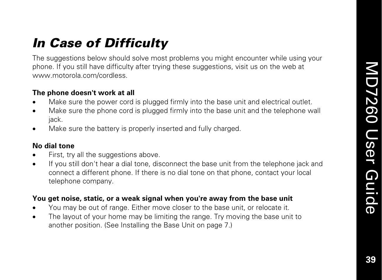 In case of difficulty, Md7260 user guide | Motorola MD7260 User Manual | Page 51 / 58