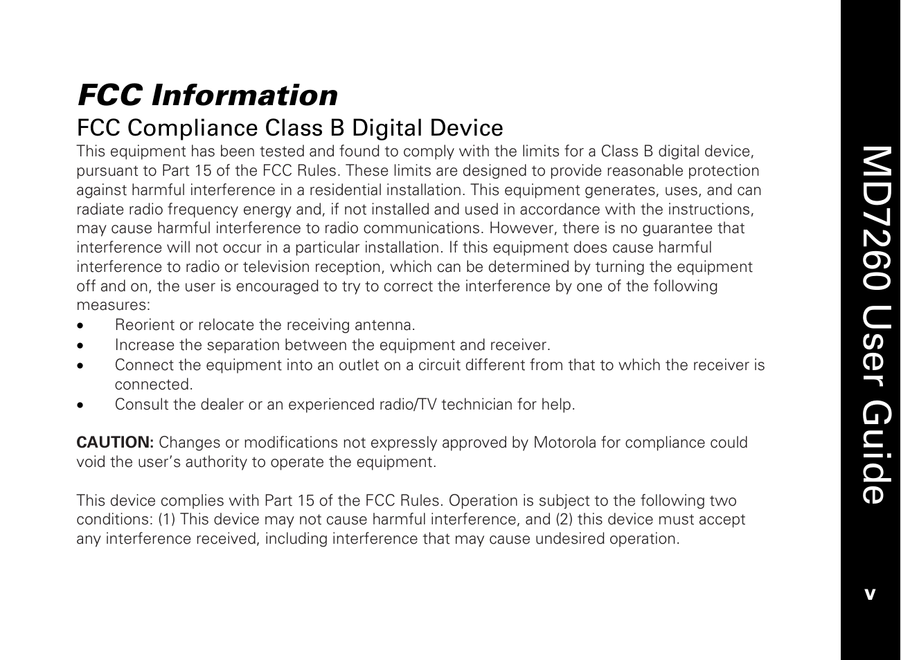 Fcc information, Md7260 user guide | Motorola MD7260 User Manual | Page 7 / 58