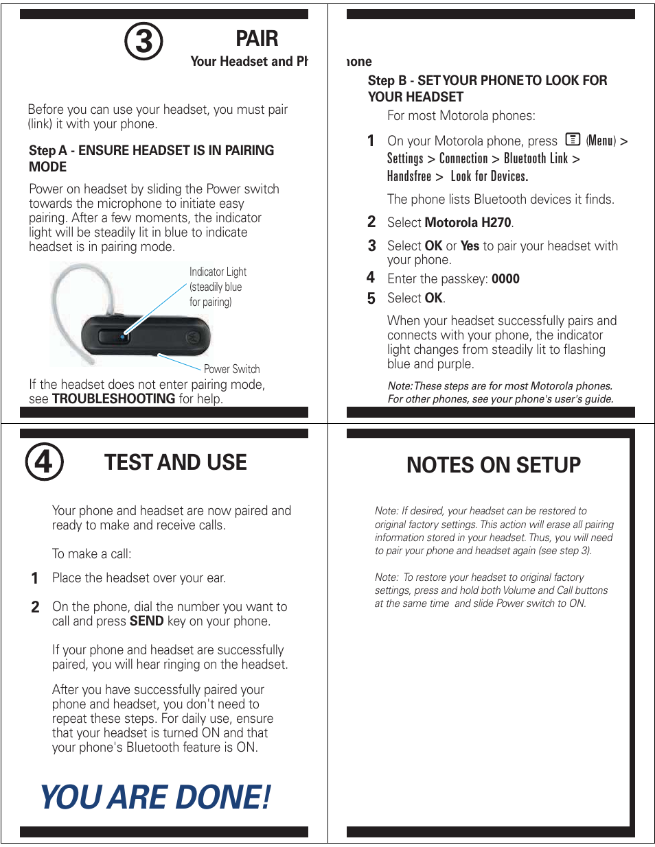 You are done, Pair, Test and use | Motorola H270 User Manual | Page 2 / 10