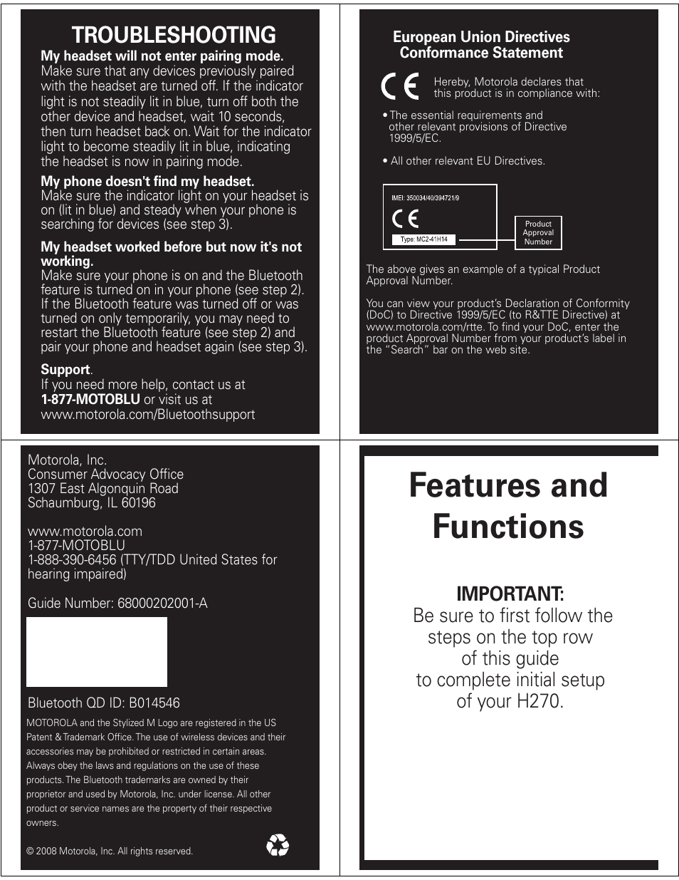 Features and functions, Troubleshooting | Motorola H270 User Manual | Page 3 / 10