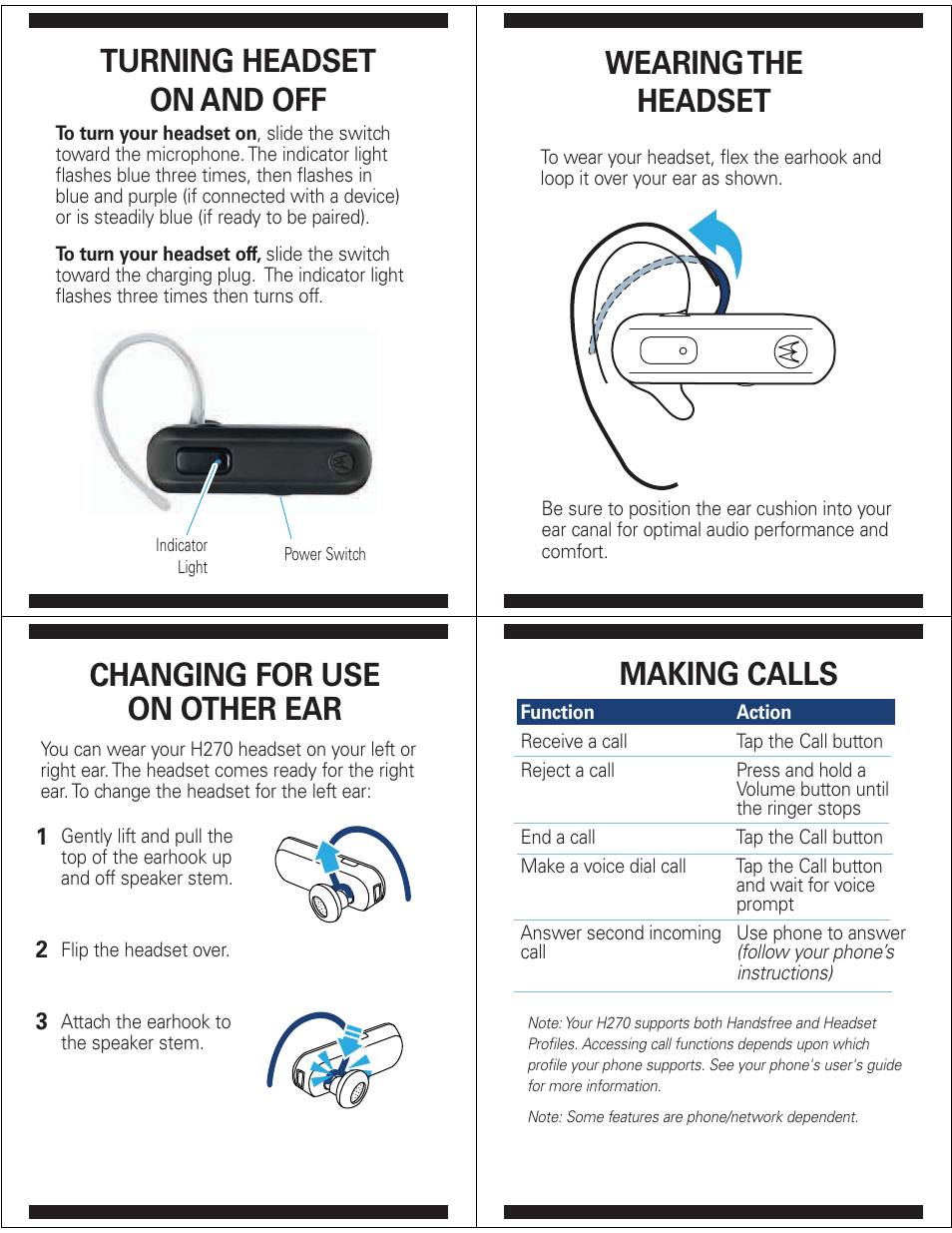 Turning headset on and off, Wearing the headset, Changing for use on other ear | Making calls | Motorola H270 User Manual | Page 4 / 10