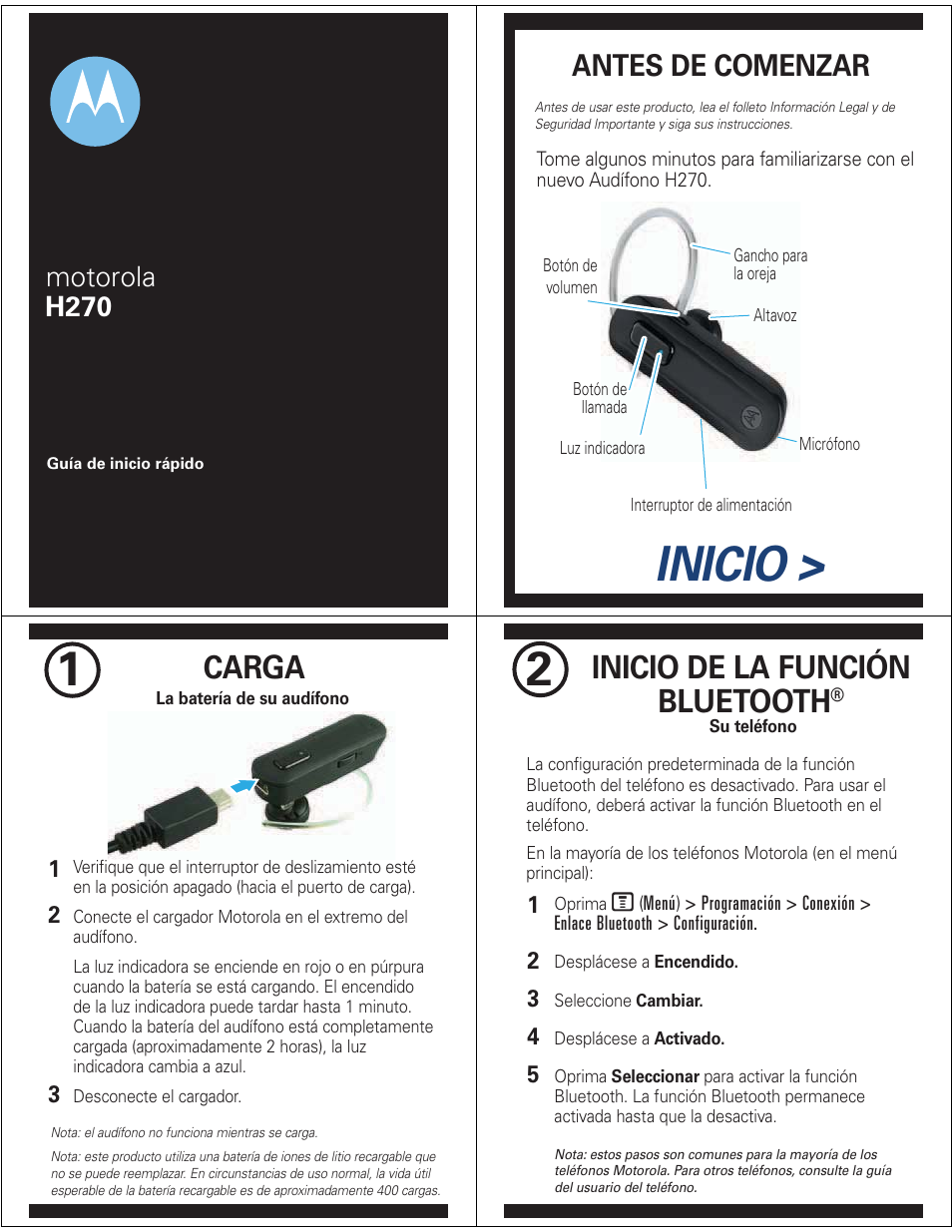 Inicio > 1, Carga, Inicio de la función bluetooth | Antes de comenzar, Motorola h270 | Motorola H270 User Manual | Page 6 / 10