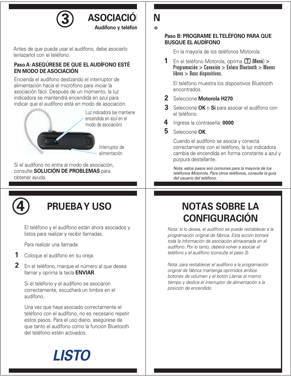 Listo, Asociación, Prueba y uso | Notas sobre la configuración | Motorola H270 User Manual | Page 7 / 10