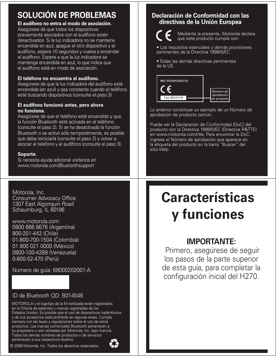 Características y funciones, Solución de problemas | Motorola H270 User Manual | Page 8 / 10