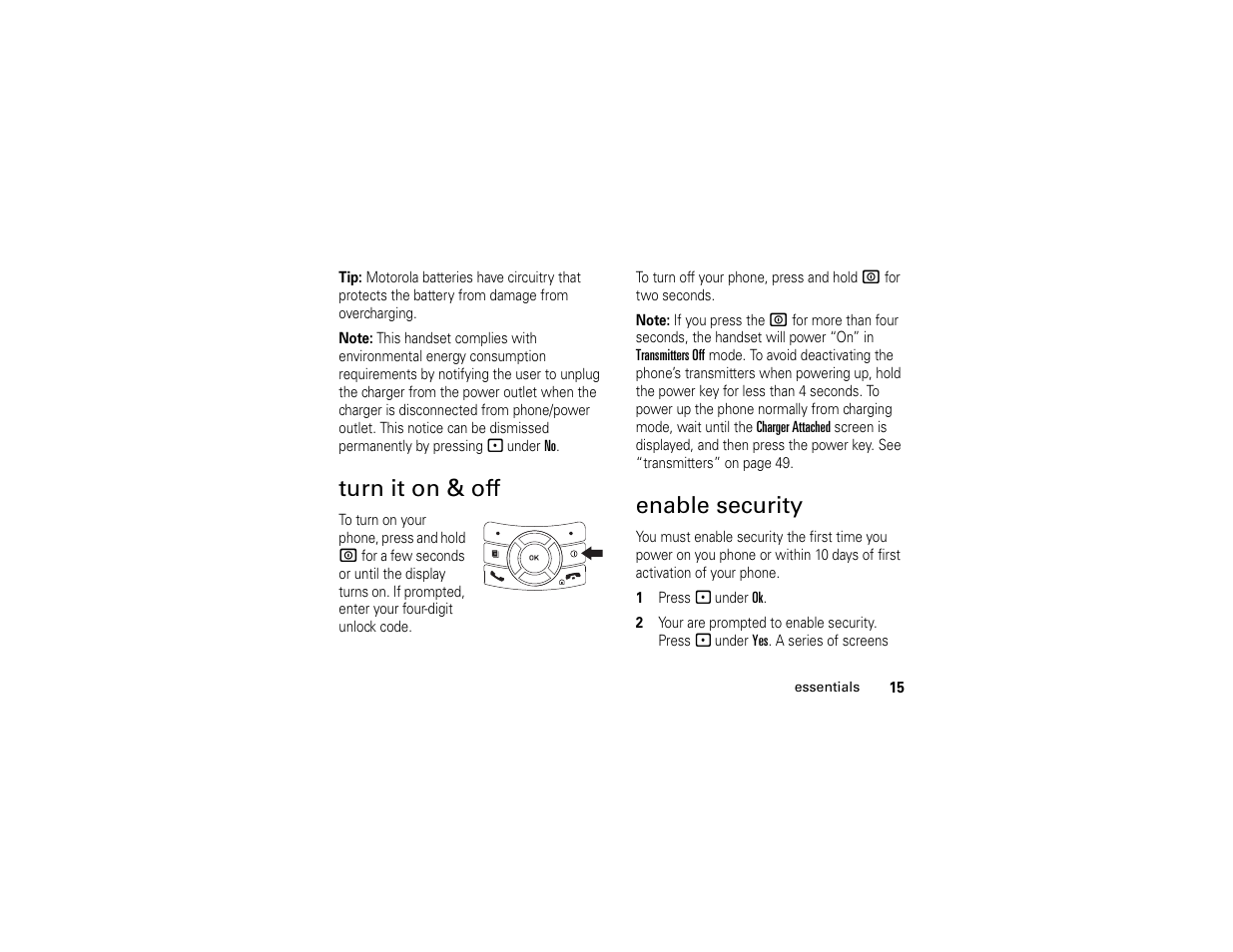 Turn it on & off, Enable security, Turn it on & off enable security | Motorola i365IS Phone User Manual | Page 21 / 108