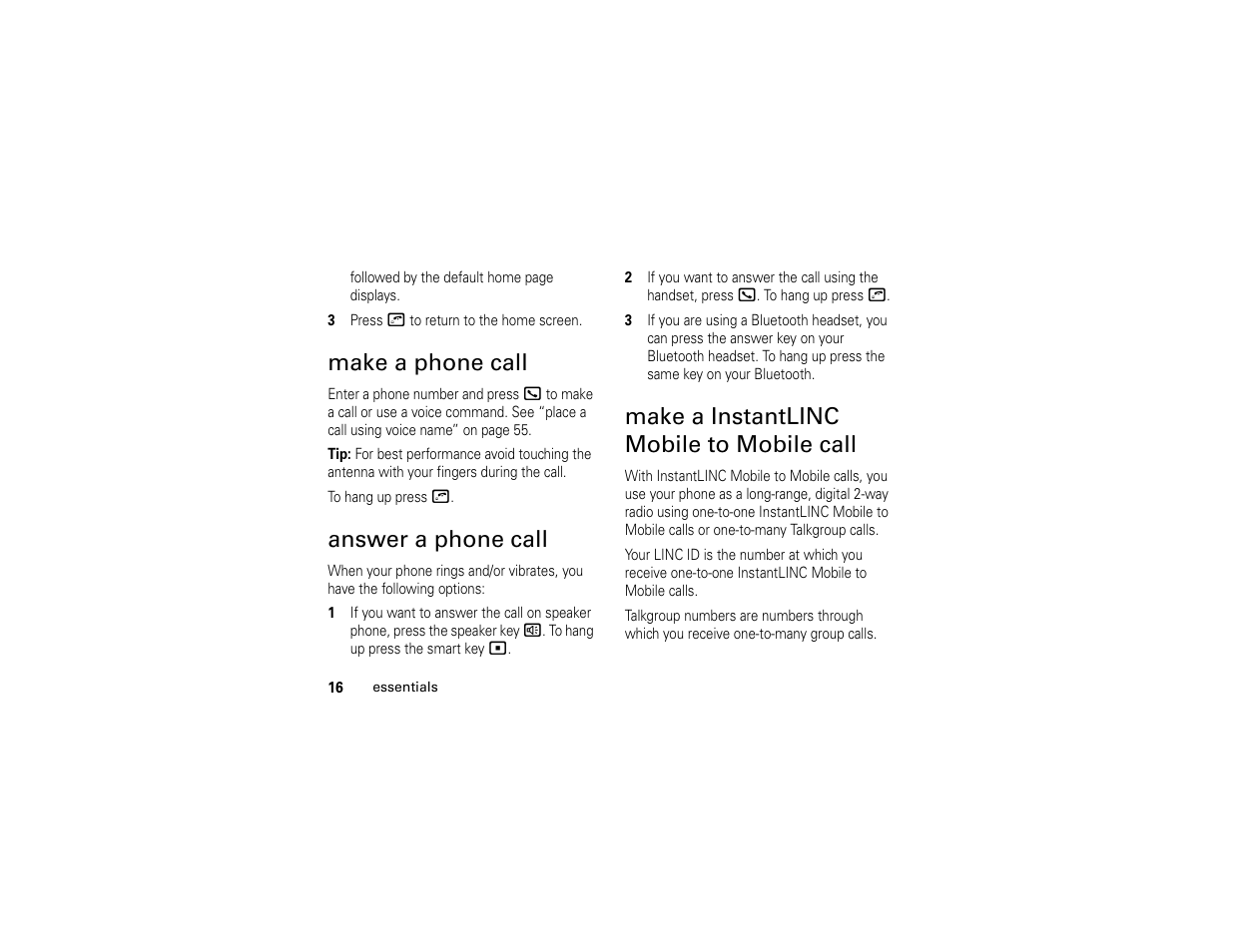 Make a phone call, Answer a phone call, Make a instantlinc mobile to mobile call | Motorola i365IS Phone User Manual | Page 22 / 108