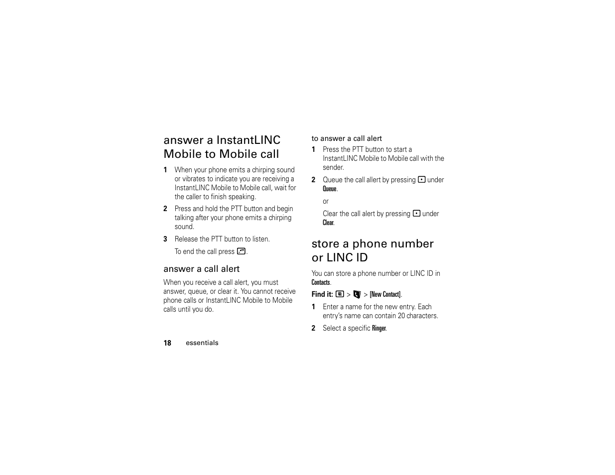 Answer a instantlinc mobile to mobile call, Store a phone number or linc id | Motorola i365IS Phone User Manual | Page 24 / 108
