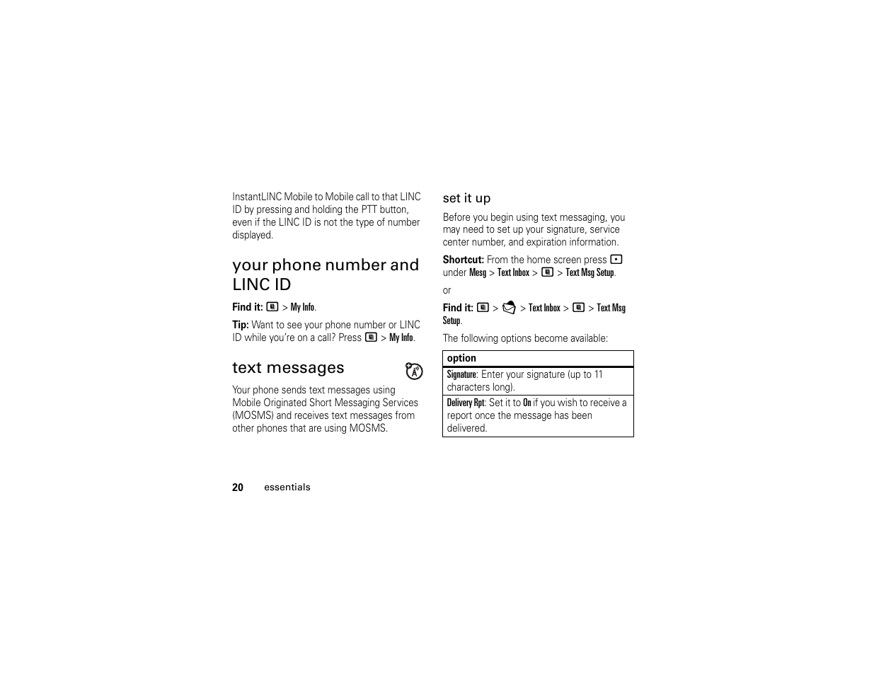 Your phone number and linc id, Text messages, Your phone number and linc id text messages | Motorola i365IS Phone User Manual | Page 26 / 108