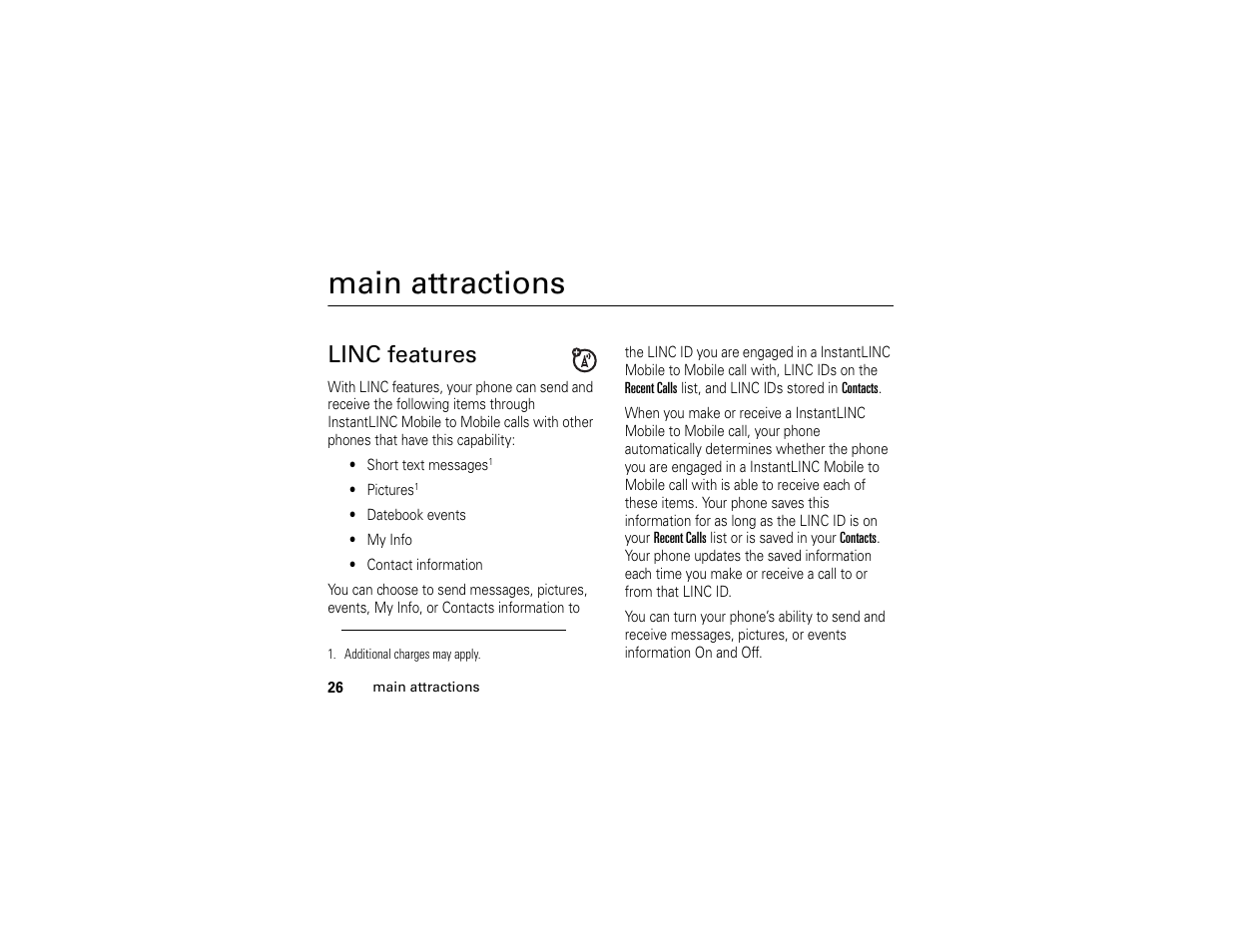 Main attractions, Linc features | Motorola i365IS Phone User Manual | Page 32 / 108