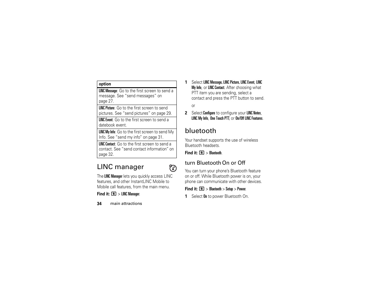 Linc manager, Bluetooth, Linc manager bluetooth | Motorola i365IS Phone User Manual | Page 40 / 108