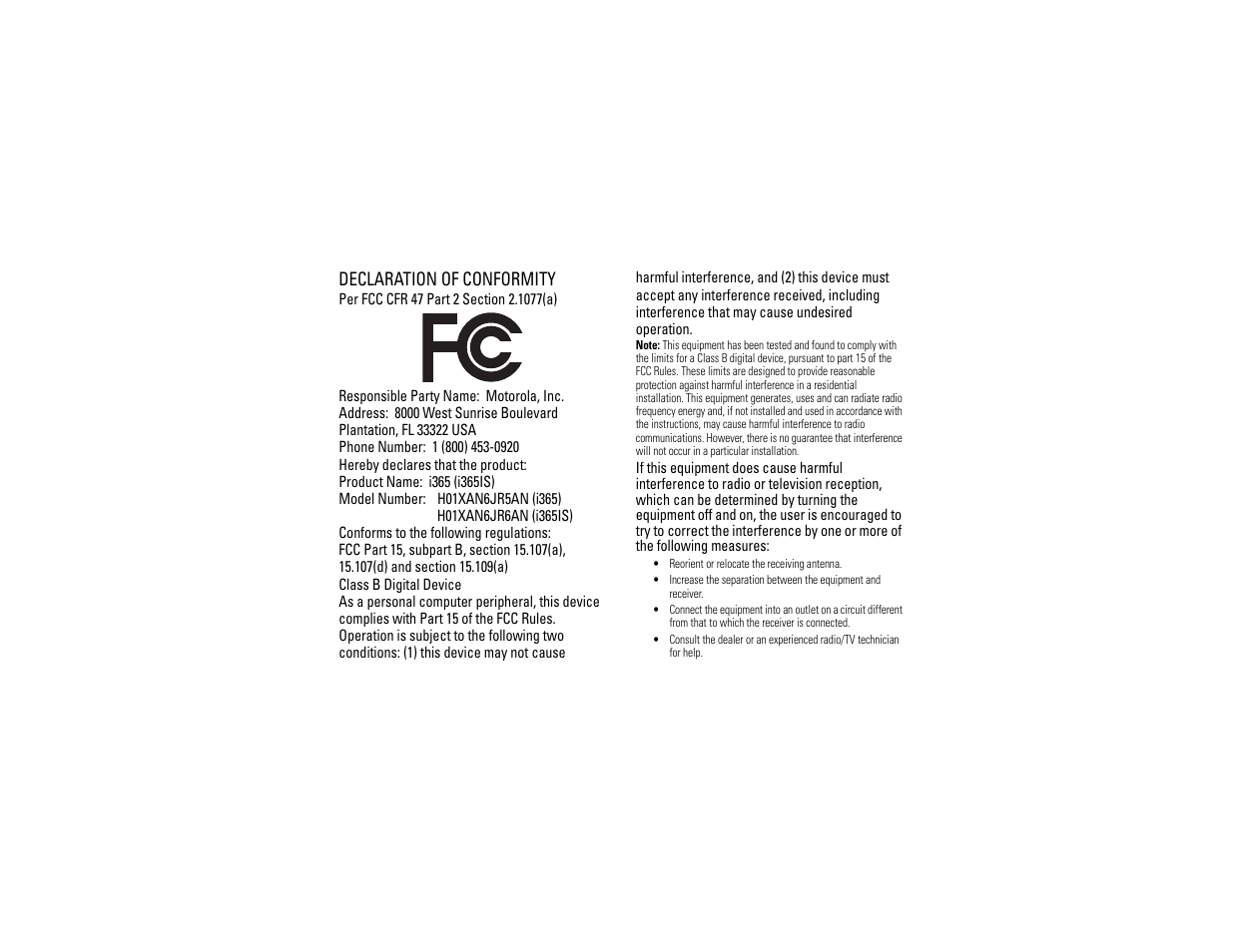 Declaration of conformity | Motorola i365IS Phone User Manual | Page 5 / 108