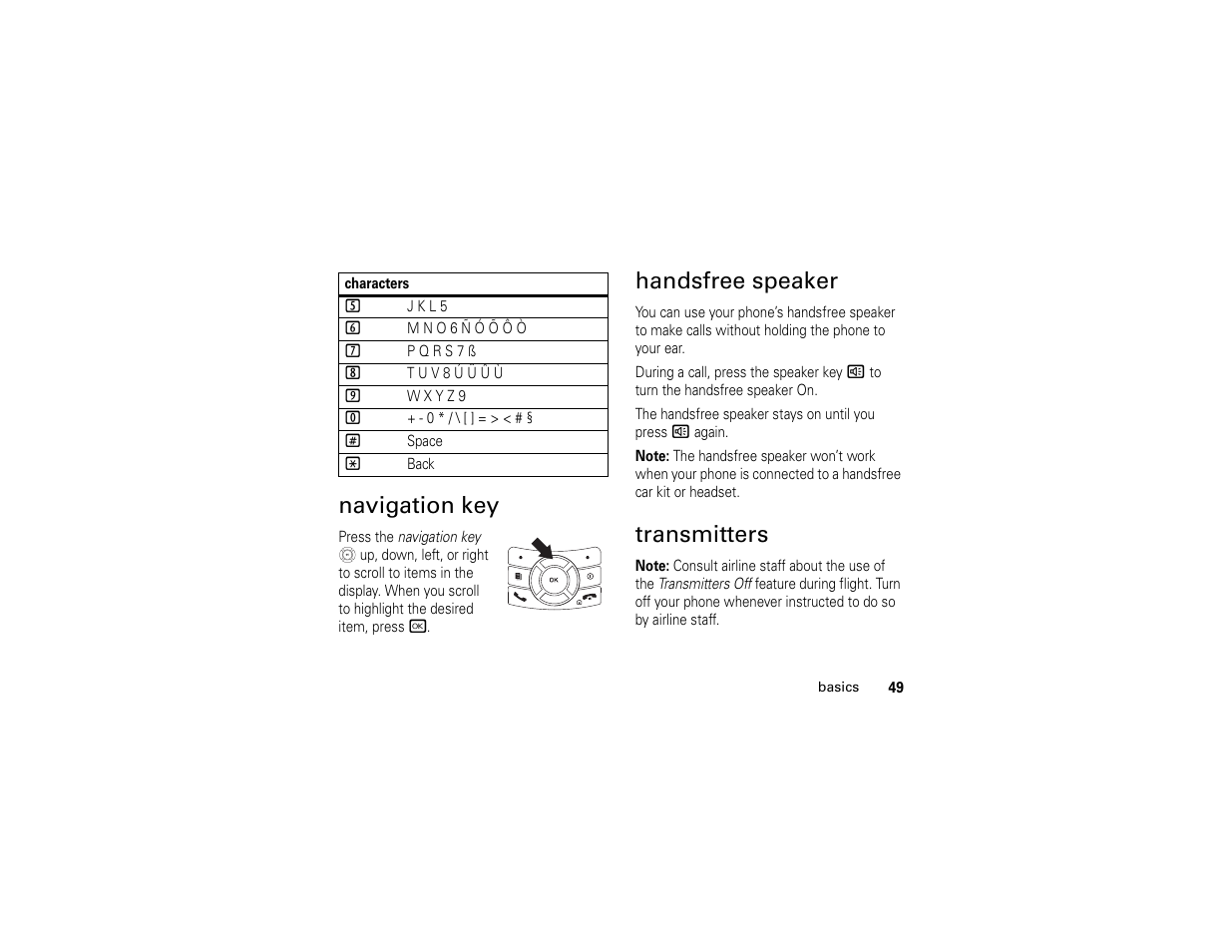 Navigation key, Handsfree speaker, Transmitters | Handsfree speaker transmitters | Motorola i365IS Phone User Manual | Page 55 / 108