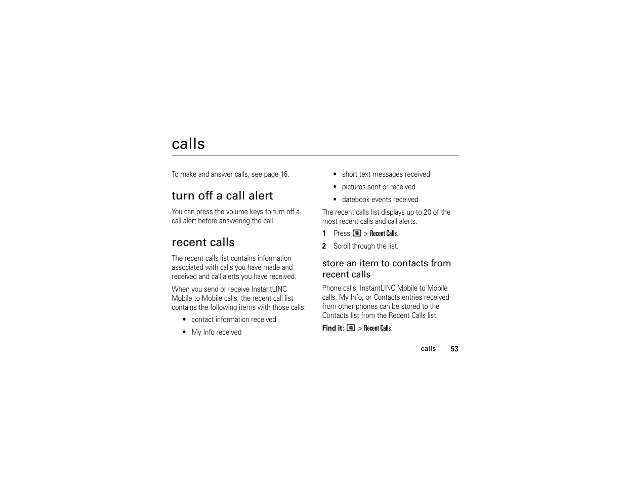 Calls, Turn off a call alert, Recent calls | Turn off a call alert recent calls | Motorola i365IS Phone User Manual | Page 59 / 108