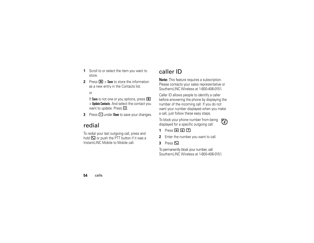 Redial, Caller id, Redial caller id | Motorola i365IS Phone User Manual | Page 60 / 108