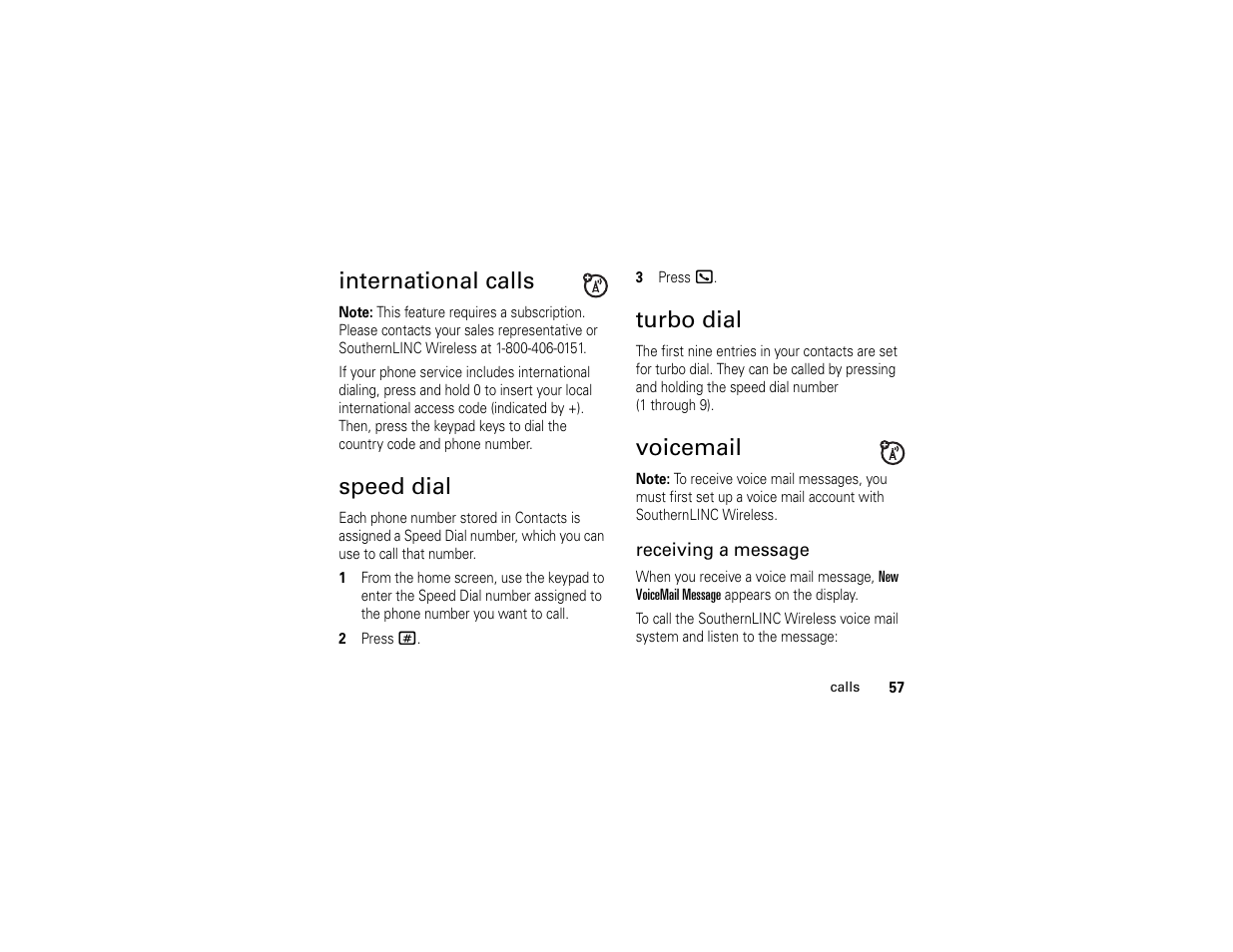 International calls, Speed dial, Turbo dial | Voicemail | Motorola i365IS Phone User Manual | Page 63 / 108