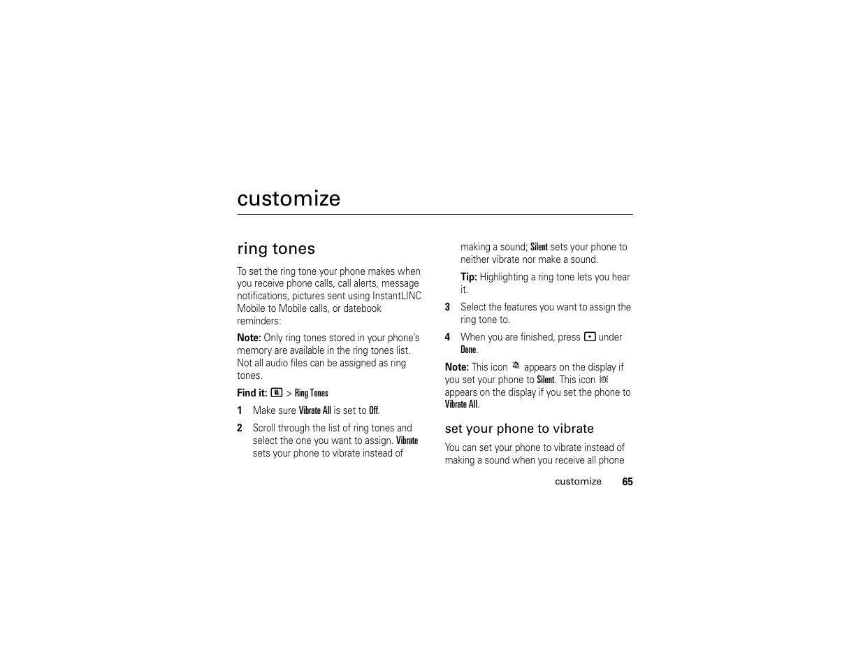Customize, Ring tones | Motorola i365IS Phone User Manual | Page 71 / 108