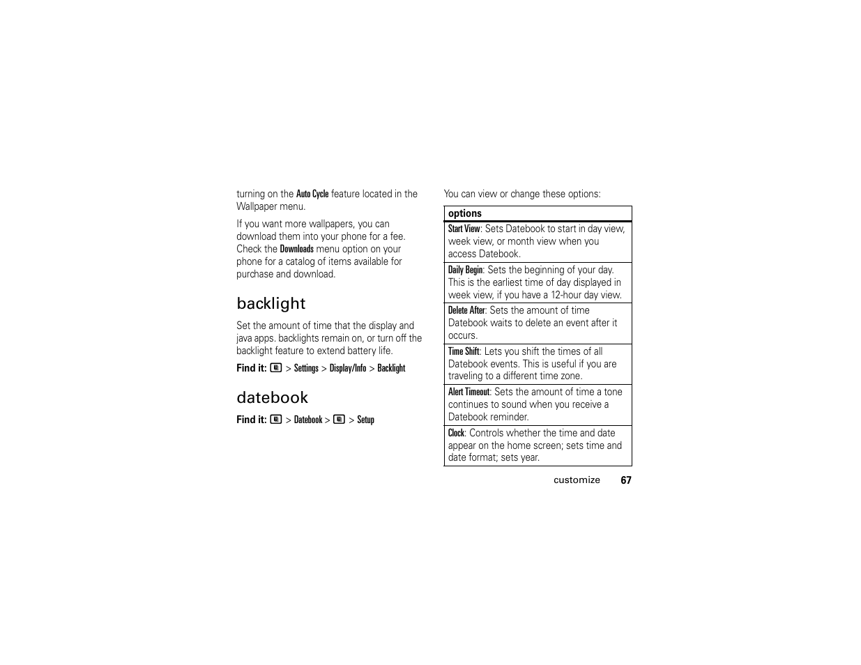 Backlight, Datebook, Backlight datebook | Motorola i365IS Phone User Manual | Page 73 / 108