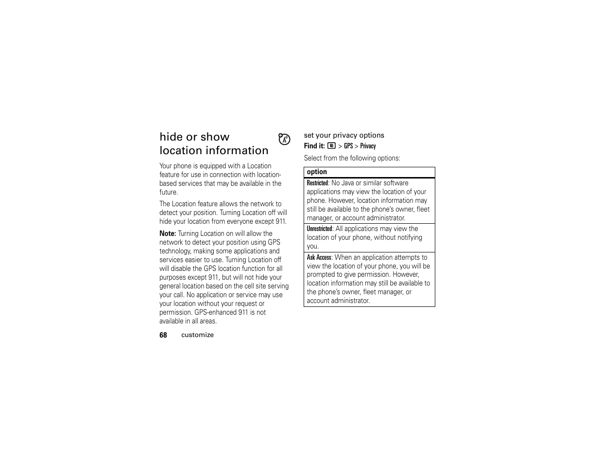 Hide or show location information | Motorola i365IS Phone User Manual | Page 74 / 108