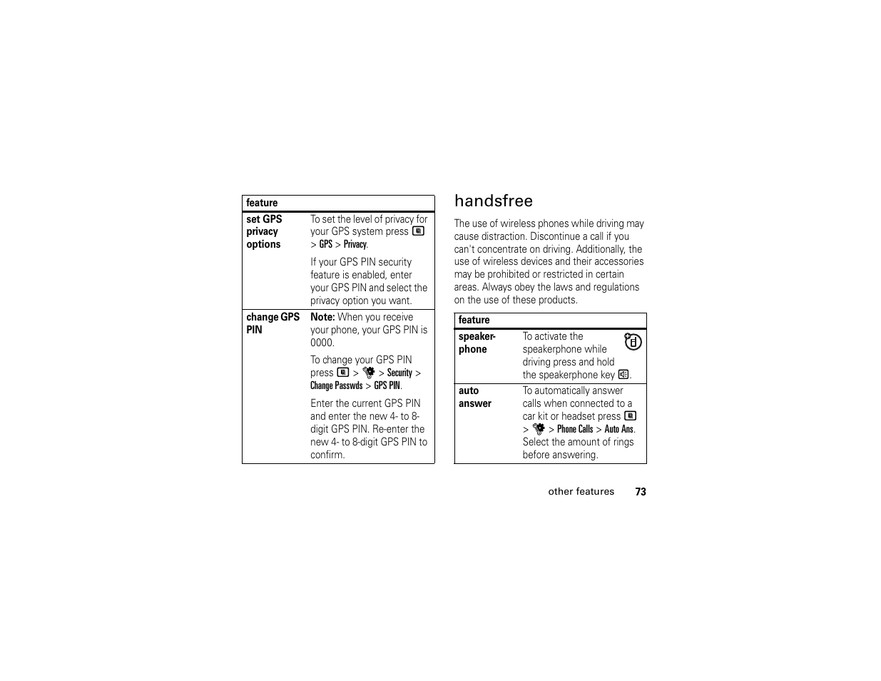 Handsfree | Motorola i365IS Phone User Manual | Page 79 / 108