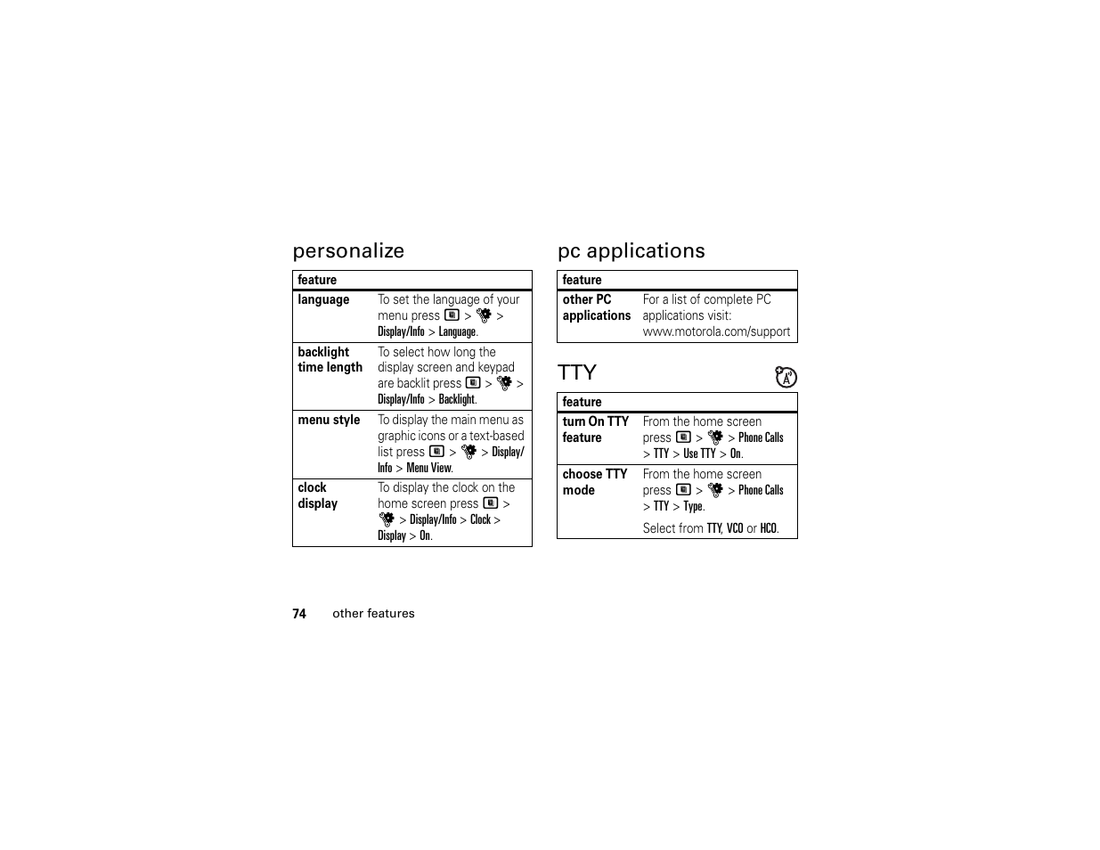 Personalize, Pc applications, Personalize pc applications tty | Motorola i365IS Phone User Manual | Page 80 / 108