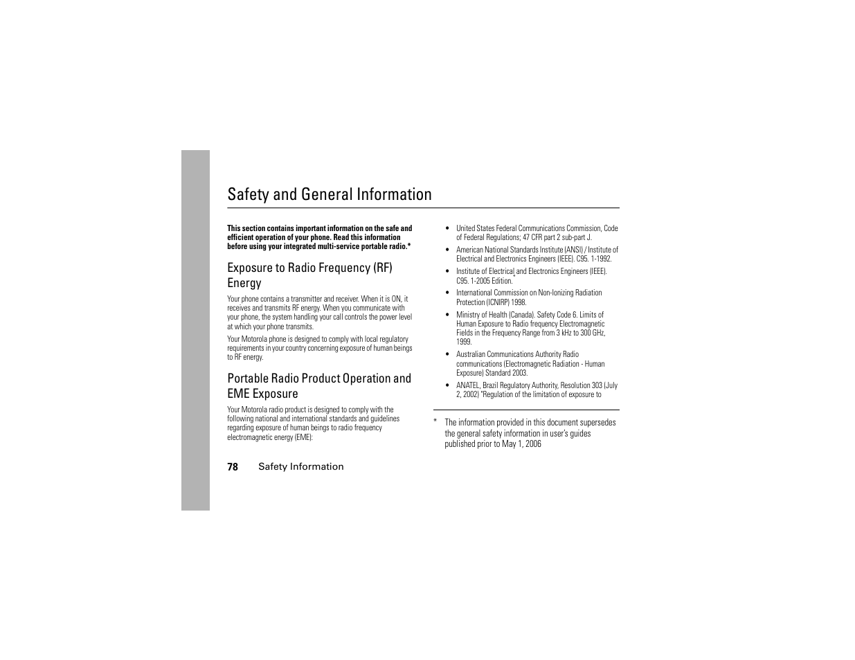 Safety and general information, Exposure to radio frequency (rf) energy, Portable radio product operation and eme exposure | Motorola i365IS Phone User Manual | Page 84 / 108