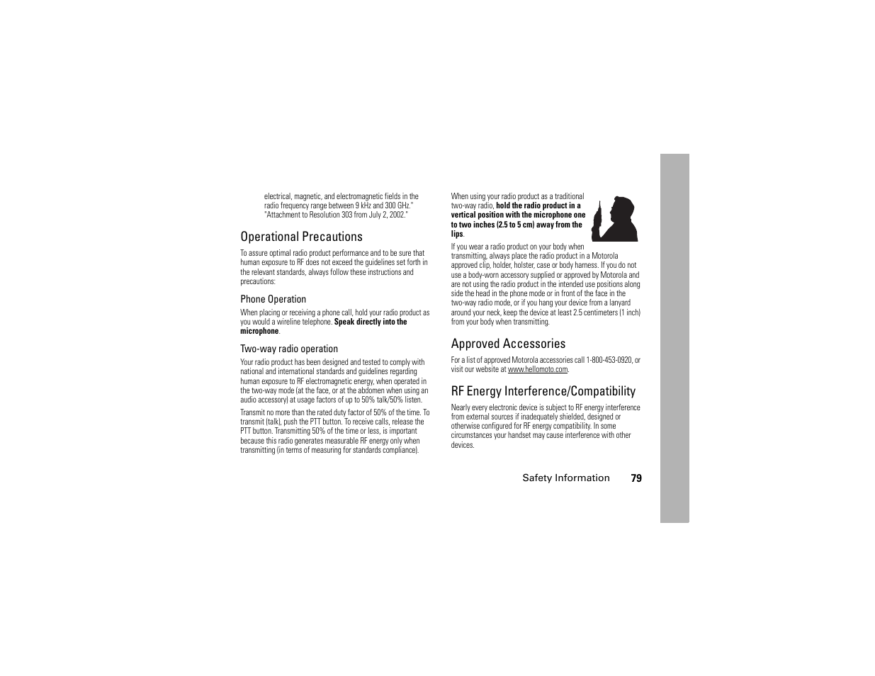 Operational precautions, Approved accessories, Rf energy interference/compatibility | Motorola i365IS Phone User Manual | Page 85 / 108