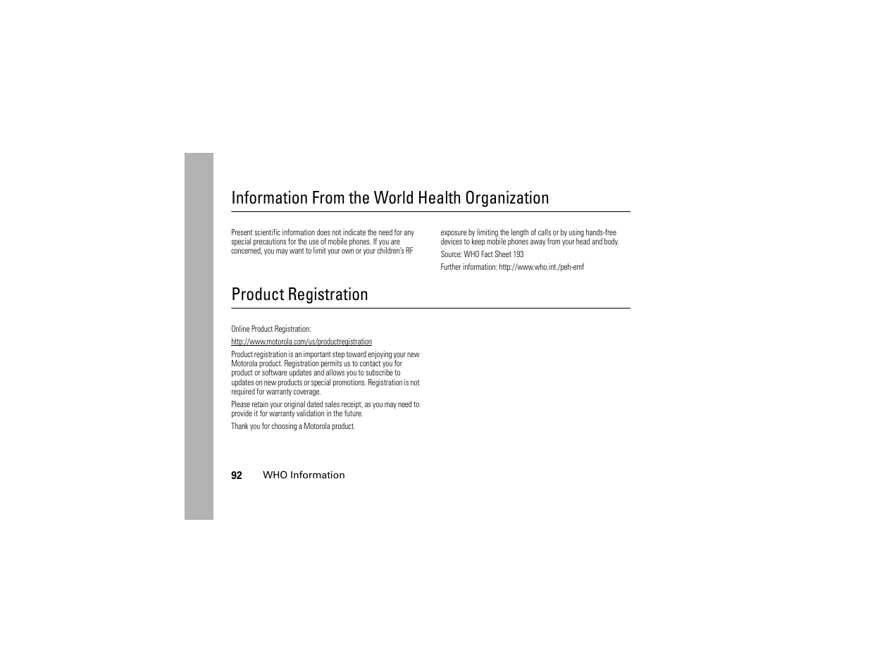 Information from the world health organization, Product registration | Motorola i365IS Phone User Manual | Page 98 / 108