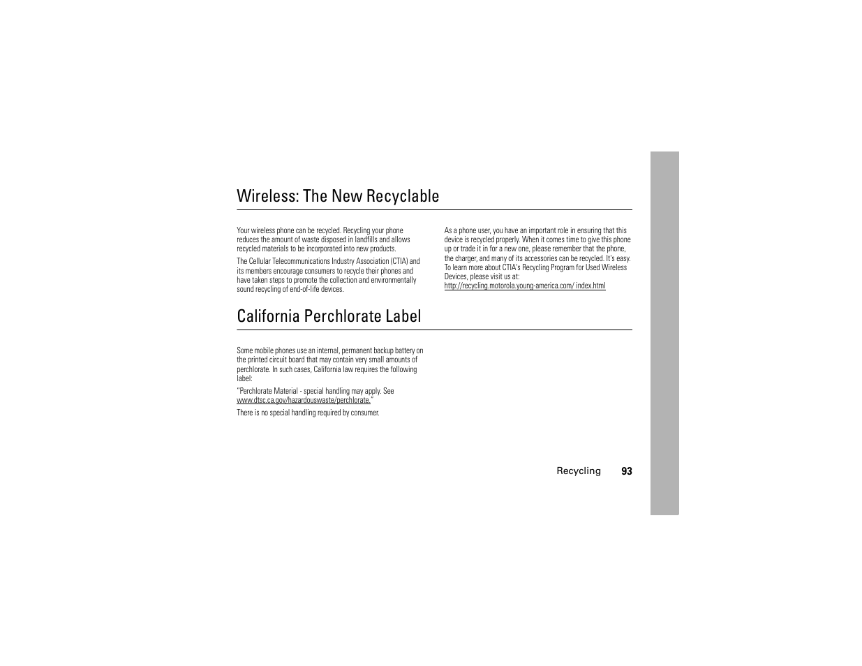 Wireless: the new recyclable, California perchlorate label | Motorola i365IS Phone User Manual | Page 99 / 108