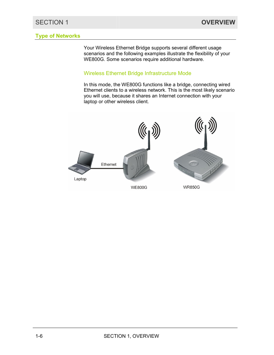 Type of networks, Wireless ethernet bridge infrastructure mode | Motorola WE800G User Manual | Page 11 / 71