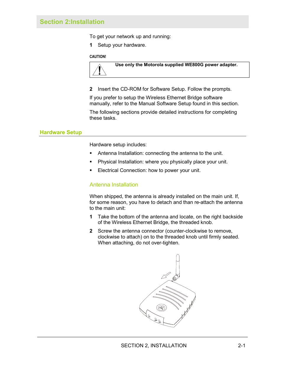 Section 2:installation, Hardware setup, Antenna installation | Motorola WE800G User Manual | Page 18 / 71