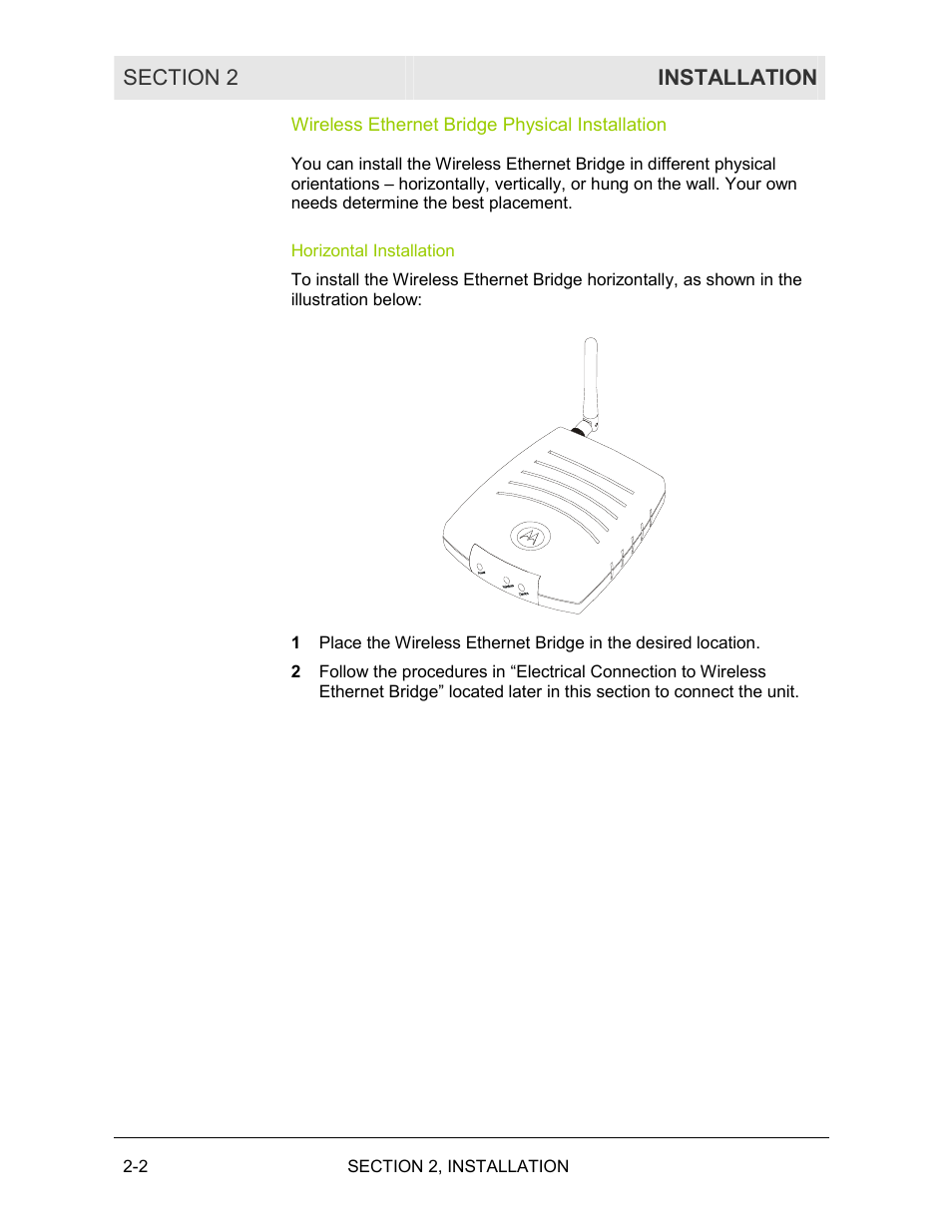 Wireless ethernet bridge physical installation, Horizontal installation | Motorola WE800G User Manual | Page 19 / 71