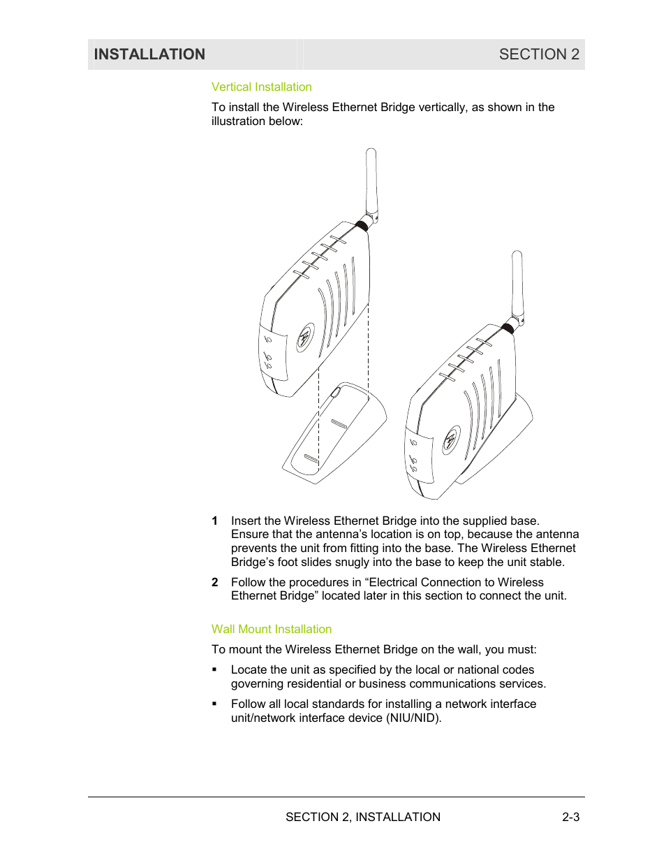 Vertical installation, Wall mount installation | Motorola WE800G User Manual | Page 20 / 71