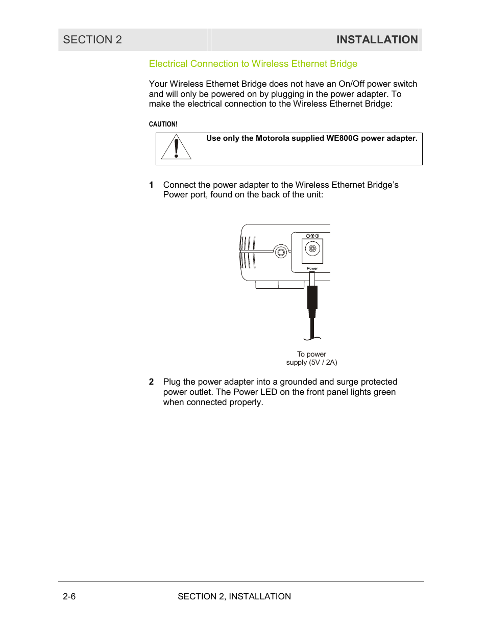 Electrical connection to wireless ethernet bridge | Motorola WE800G User Manual | Page 23 / 71