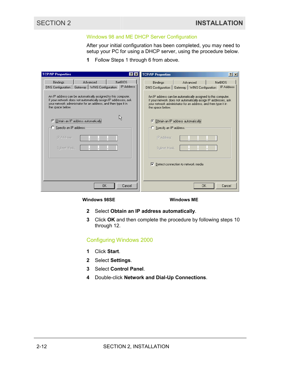 Windows 98 and me dhcp server configuration, Configuring windows 2000 | Motorola WE800G User Manual | Page 29 / 71