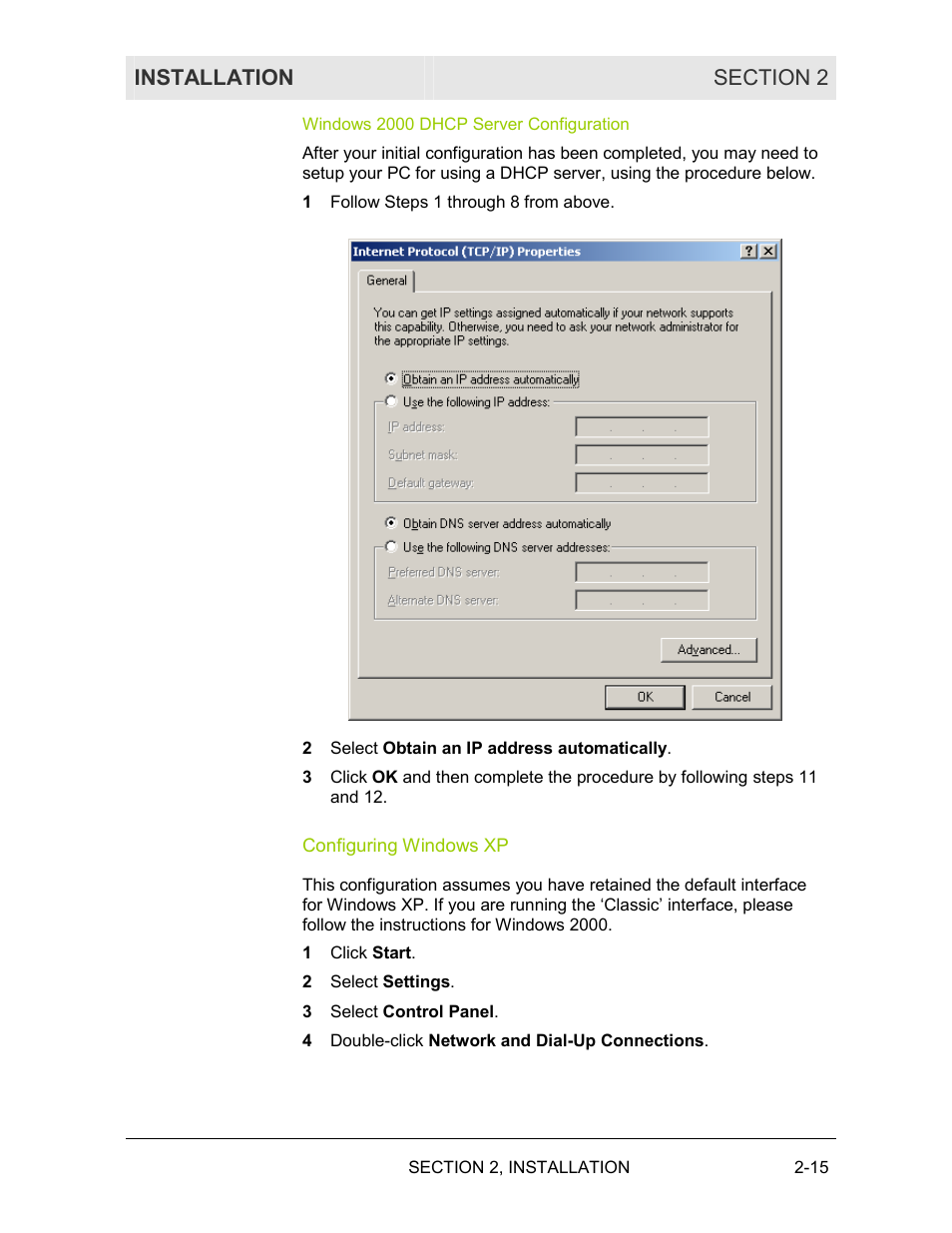 Windows 2000 dhcp server configuration, Configuring windows xp | Motorola WE800G User Manual | Page 32 / 71