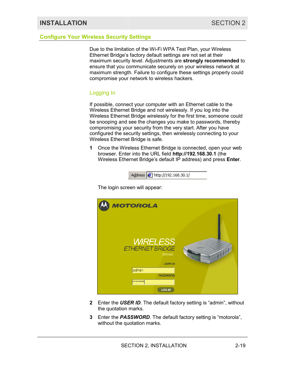 Configure your wireless security settings, Logging in | Motorola WE800G User Manual | Page 36 / 71